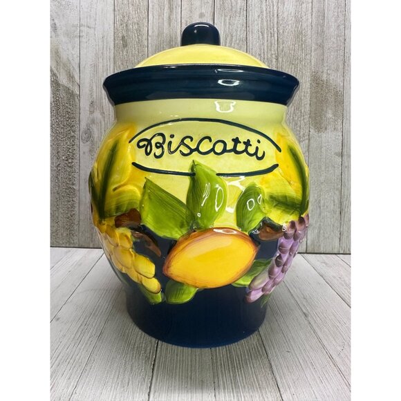 Vtg Nonni's Biscotti Painted Cookie Jar Canister Yellow Fruit Decor 10.5" Tall - Picture 1 of 13